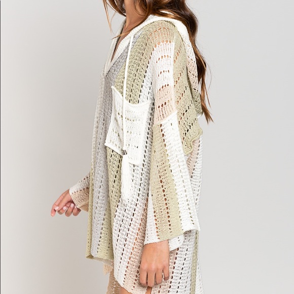 POL CLOTHING Knit stripe hoodie bikini cover up beach hoodie sweater white vneck - Picture 6 of 11